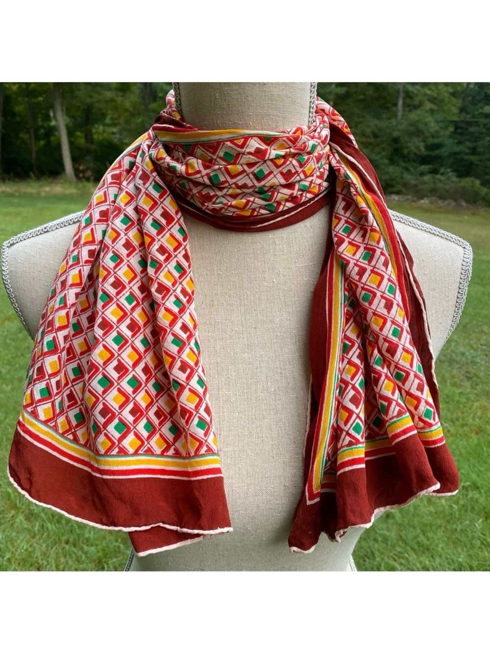 GLENTEX SCARF VINTAGE SILK RECTANGLE RED WHITE YELLOW GEOMETRIC